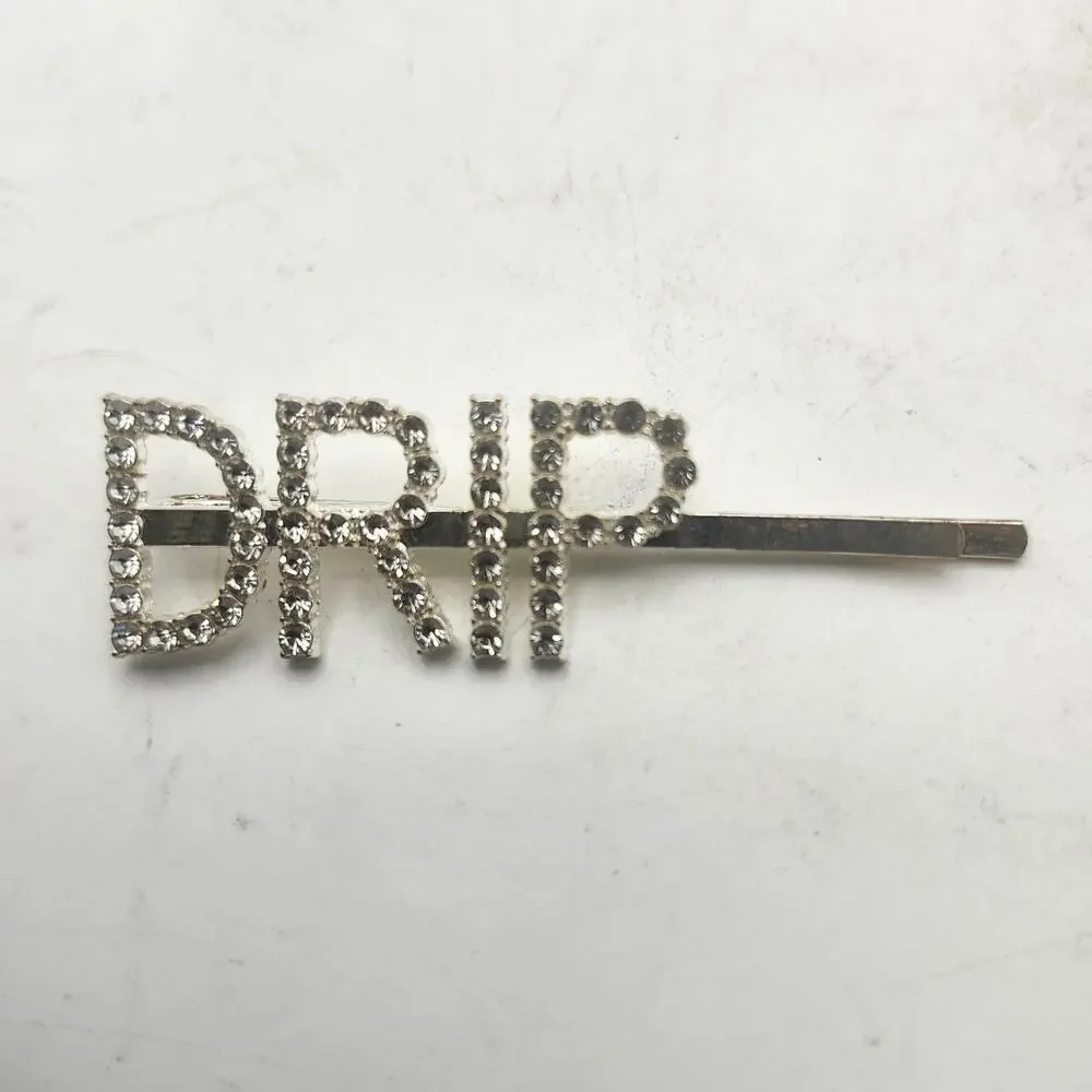 Rhinestone DRIP Hair Pins Silver Tone Crystal Letter Bobby Clip Pair Barrettes